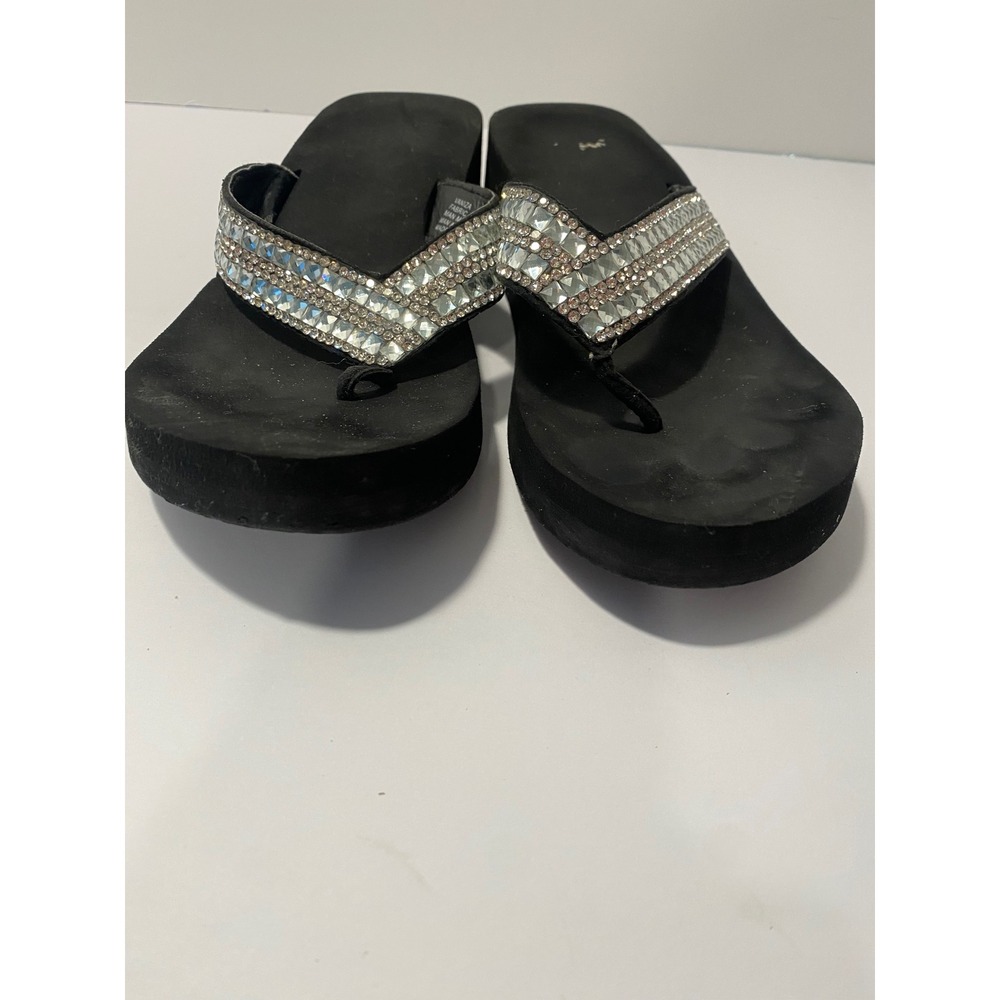 Yellow Box Vaniza Black Rhinestone Wedge Platform Flip Flops Womens 7.5 Festival